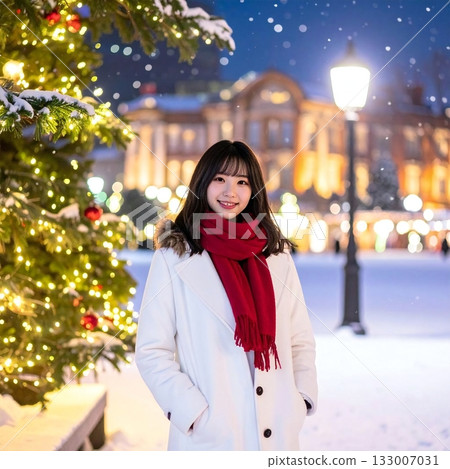 A warm-looking woman in a red scarf against the sparkling illuminations of a winter town 133007031