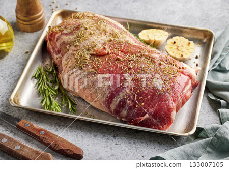 fresh raw pork neck meat with garlic and spices fresh raw pork neck meat with garlic and spices 133007105