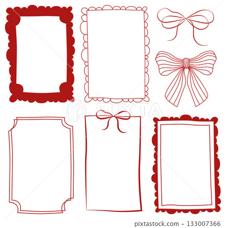 Hand-drawn line art collection of trendy modern frames and festive bows in classic Christmas red color 133007366