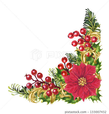 Red poinsettias. Luxurious Christmas arrangements with vintage gold vignette. Watercolor template for invitations, greeting cards, menus, tablecloths, table runners, home decor, table setting, gifts 133007432