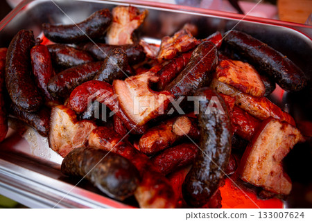 A Delicious and Mouthwatering Platter of Grilled Sausages and Various Meats Ready for Enjoyment A Delicious and Mouthwatering Platter of Grilled Sausages and Various Meats Ready for Enjoyment 133007624