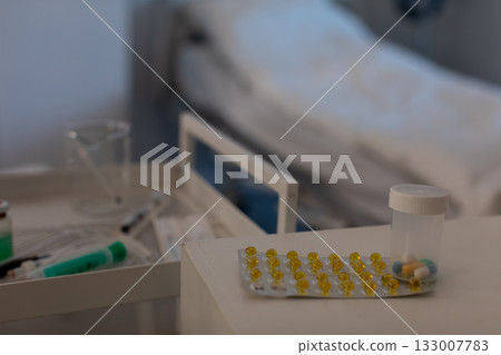 Essential Medical Supplies and Necessary Medication Found on the Hospital Nightstand Essential Medical Supplies and Necessary Medication Found on the Hospital Nightstand 133007783