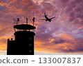 Air Traffic Control Tower at Airport As Airplane Takes Off. 133007837