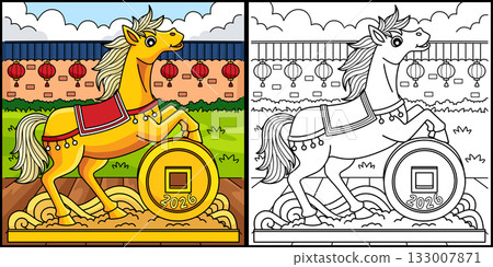 Year of the Horse Biting Fortune Coin Illustration Year of the Horse Biting Fortune Coin Illustration 133007871