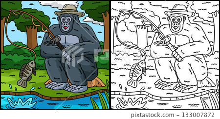 Gorilla Fishing Coloring Page Colored Illustration Gorilla Fishing Coloring Page Colored Illustration 133007872