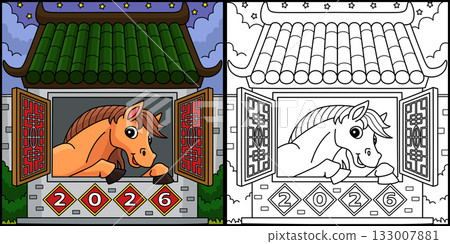 Year of the Horse 2026 Chinese House Illustration Year of the Horse 2026 Chinese House Illustration 133007881