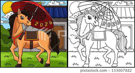Year of the Horse Holding an Umbrella Illustration Year of the Horse Holding an Umbrella Illustration 133007882