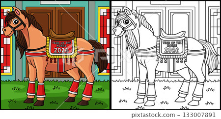 Year of the Horse 2026 with a Saddle Illustration Year of the Horse 2026 with a Saddle Illustration 133007891