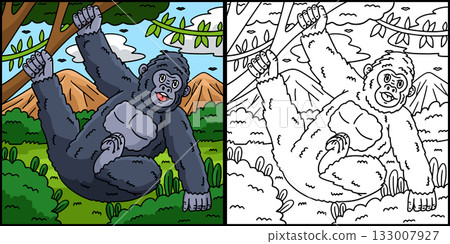 Gorilla Hanging from Branch Coloring Illustration Gorilla Hanging from Branch Coloring Illustration 133007927