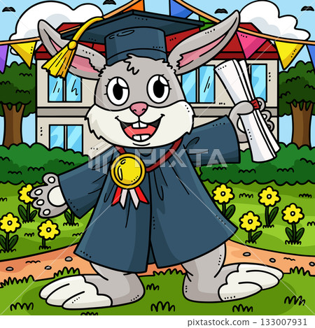 Graduation Rabbit with Diploma Cap Colored Cartoon 133007931