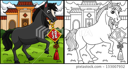 Year of the Horse Holding a Chinese Charm  133007932