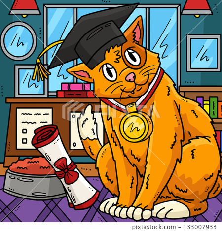 Cat Wearing Graduation Cap Colored Cartoon  133007933