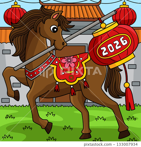 Year of the Horse Holding Chinese Lantern Colored  133007934