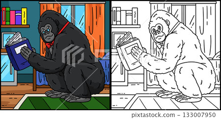 Gorilla Reading a Book Coloring Page Illustration Gorilla Reading a Book Coloring Page Illustration 133007950