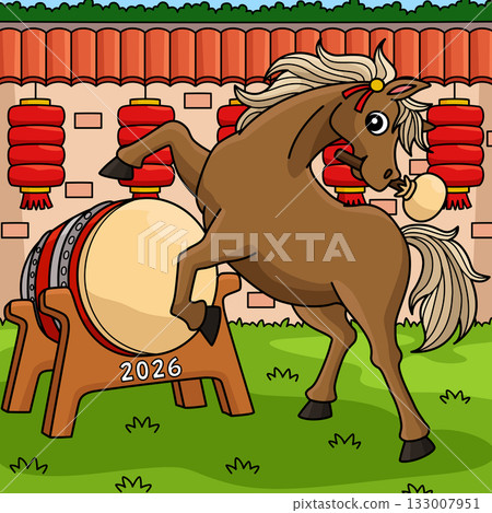 Year of the Horse Playing Drums Colored Cartoon  133007951