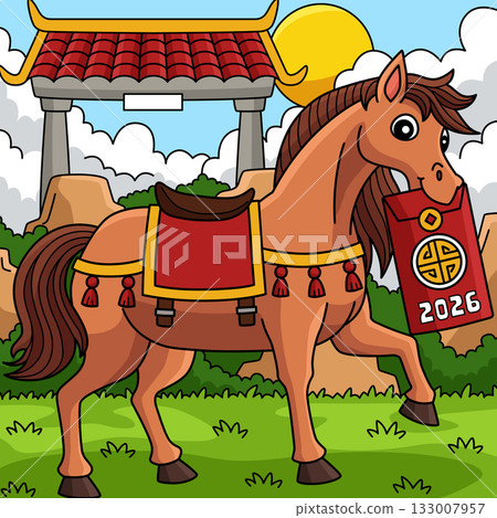 Year of the Horse Holding Angpao Colored Cartoon Year of the Horse Holding Angpao Colored Cartoon 133007957