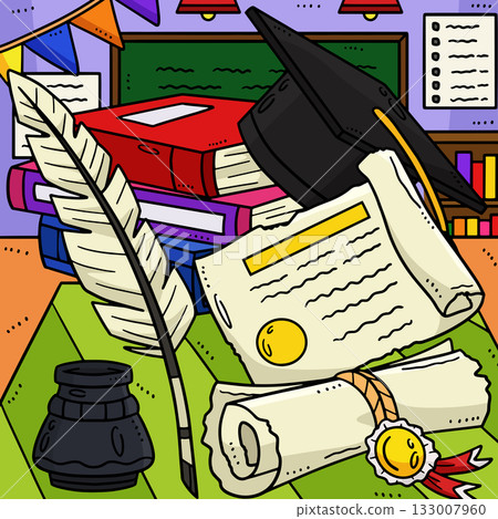 Graduation Cap, Quill Pen and Diploma Colored  133007960