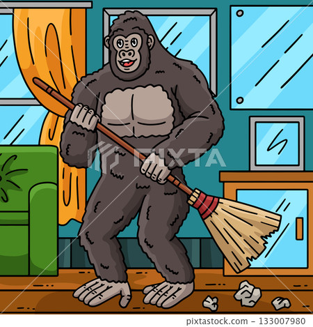 Gorilla Animal Cleaning with Broom Colored Cartoon Gorilla Animal Cleaning with Broom Colored Cartoon 133007980