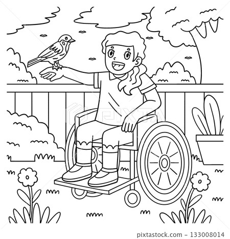 Girl in Wheelchair Bird Perched on Finger Coloring 133008014