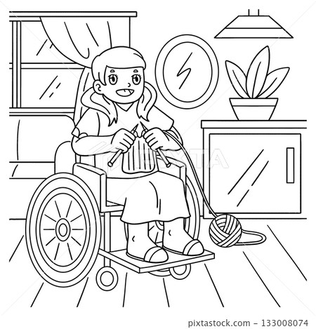 Girl in Wheelchair Knitting Coloring Page for Kids Girl in Wheelchair Knitting Coloring Page for Kids 133008074