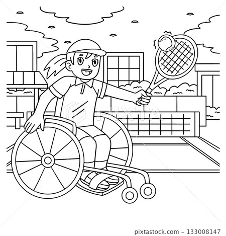 Girl in Wheelchair Playing Tennis Coloring Page  133008147
