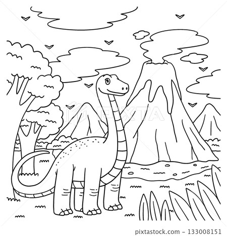 Volcano and a Brontosaurus Coloring Page for Kids Volcano and a Brontosaurus Coloring Page for Kids 133008151