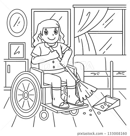 Girl in Wheelchair Cleaning the House Coloring  133008160
