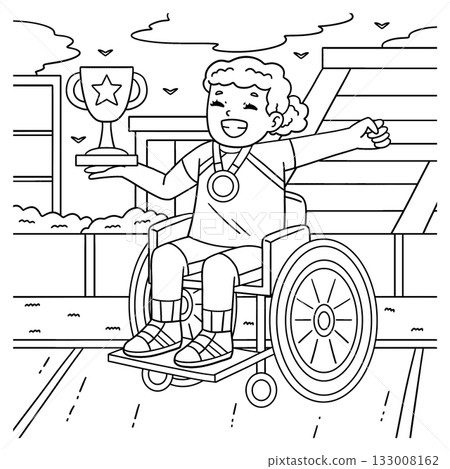 Girl in Wheelchair Medal and Trophy Coloring Page  133008162