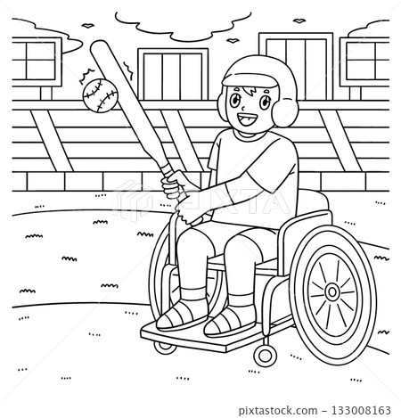 Boy in Wheelchair Playing Baseball Coloring Page  133008163