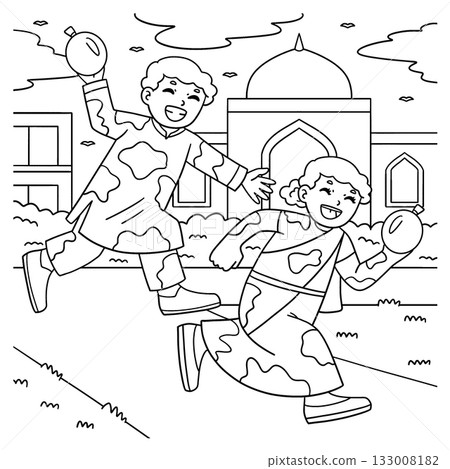 Holi Children Chasing Coloring Page for Kids Holi Children Chasing Coloring Page for Kids 133008182