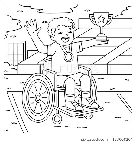 Boy in Wheelchair with Medal and Trophy Coloring Boy in Wheelchair with Medal and Trophy Coloring 133008204