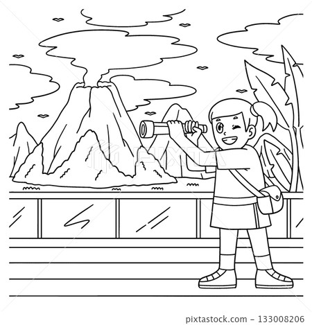 Girl looking at Volcano through Telescope Coloring 133008206