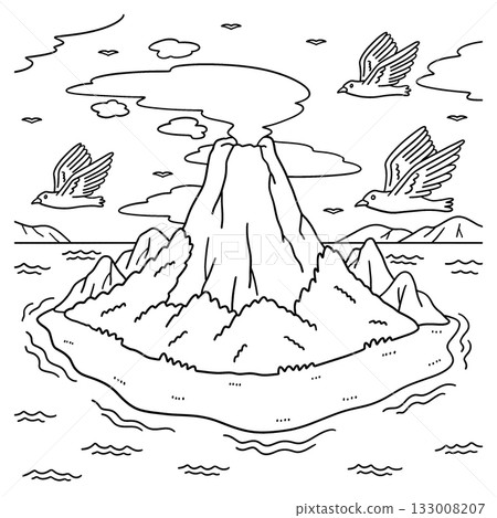Volcano in the middle of the Ocean Coloring Page  133008207