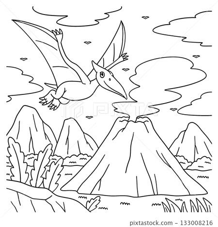 Volcano Pteranodon Flying Coloring Page for Kids 133008216