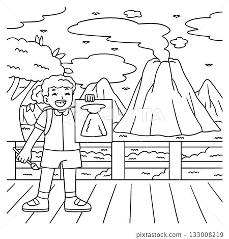 Girl with a Drawing of a Volcano Coloring Page  133008219