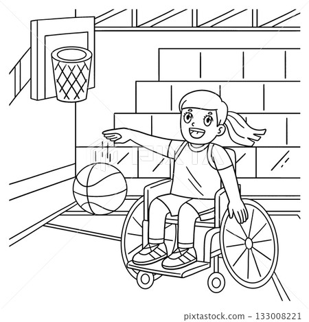 Girl in Wheelchair Playing Basketball Coloring  133008221