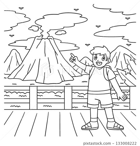 Boy Watching a Volcano Coloring Page for Kids  133008222