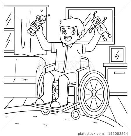 Boy in Wheelchair Playing with Toys Coloring Page  133008224