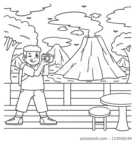 Volcano Boy taking Picture Coloring Page for Kids  133008246