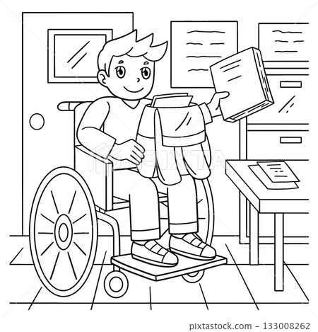 Boy in Wheelchair Packing his School Bag Coloring Boy in Wheelchair Packing his School Bag Coloring 133008262