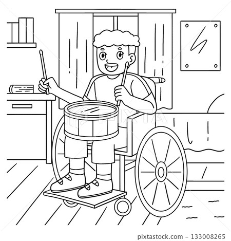 Boy in Wheelchair Playing a Drum Coloring Page Boy in Wheelchair Playing a Drum Coloring Page 133008265