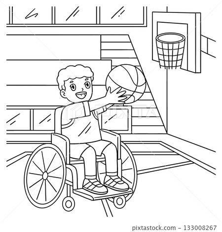 Boy in Wheelchair Playing Basketball Coloring  133008267