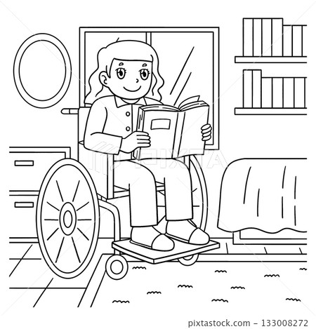 Girl in Wheelchair Reading Books Coloring Page  133008272