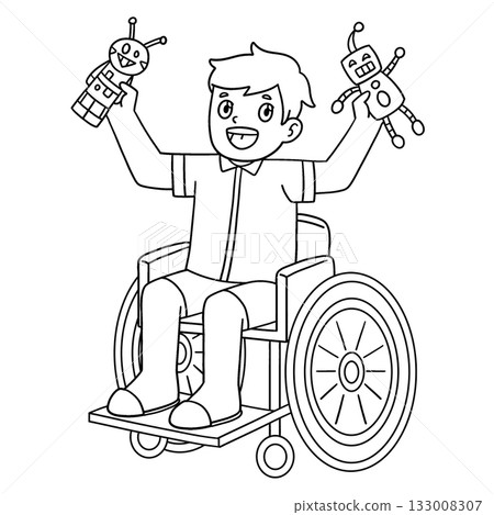 Boy in a Wheelchair Playing with Toys Isolated  133008307