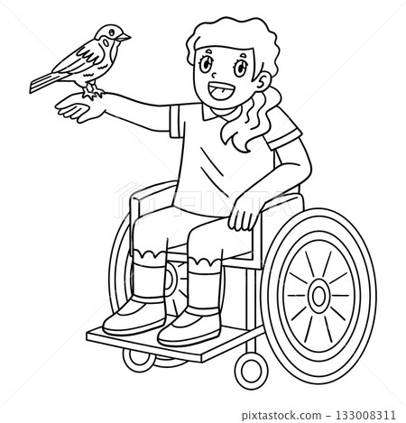 Girl in Wheelchair Bird Perched on Finger Isolated 133008311