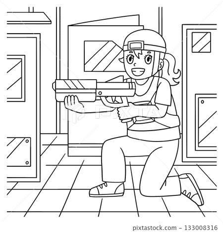 Laser Tag Girl Aiming while Kneeling Coloring Page 133008316