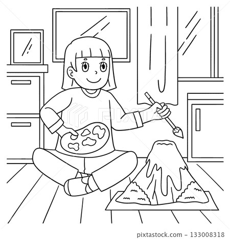 Girl Painting a Volcano Coloring Page for Kids Girl Painting a Volcano Coloring Page for Kids 133008318