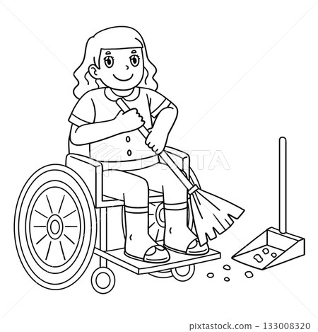 Girl in a Wheelchair Cleaning the House Isolated  133008320