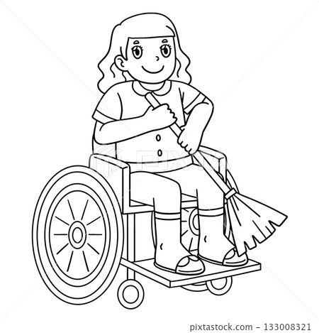 Girl in Wheelchair Cleaning the House Isolated  133008321