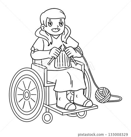 Girl in Wheelchair Knitting Isolated Coloring Page 133008329